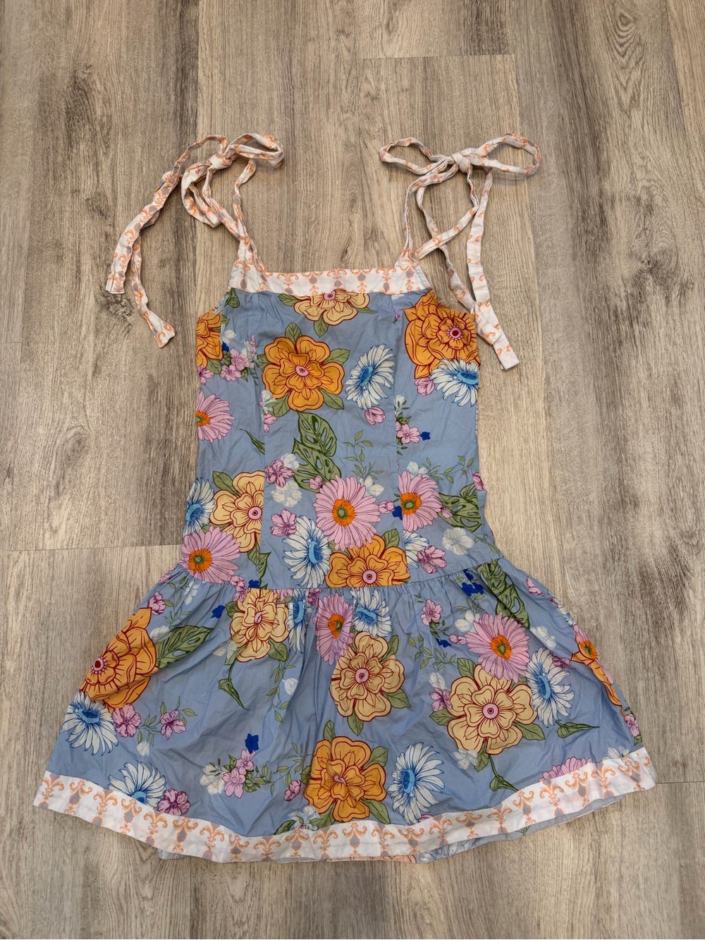 Luna Skies Small Blue Floral Tie Strap Mini Dress 100% Cotton